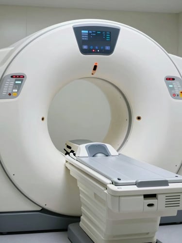 A close-up abstract view of a state-of-the-art MRI machine inside a minimalist, neutral-toned diagnostic bay, cool natural lighting.