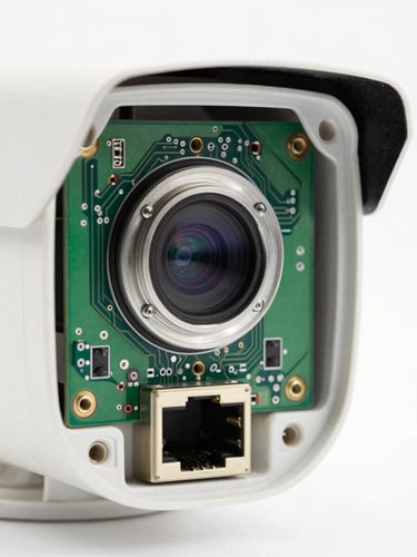Macro close-up of a disassembled security camera housing, exposing the green circuit board, lens mount, and RJ45 Ethernet port under bright neutral studio lighting