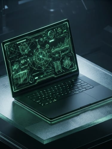 Sleek isometric laptop mockup displaying a dark high-fidelity user interface, sharp neon green glowing wireframe lines, moody studio rim-lighting on textured glass.