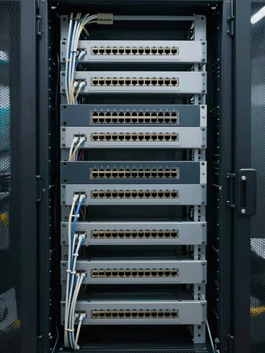 Straight-on documentary-style medium shot of server racks with visible cabling and neatly organized ethernet ports, cool realistic warehouse lighting, highly technical and structured layout, no abstract digital grids.