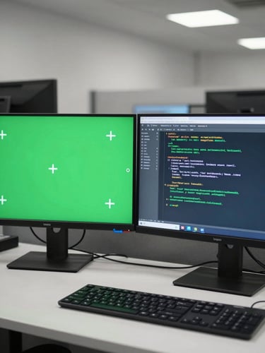 Straight-on documentary shot of a legacy green-screen terminal interface side-by-side with a modern clean command-line terminal on a dual-monitor setup in a logistics office.