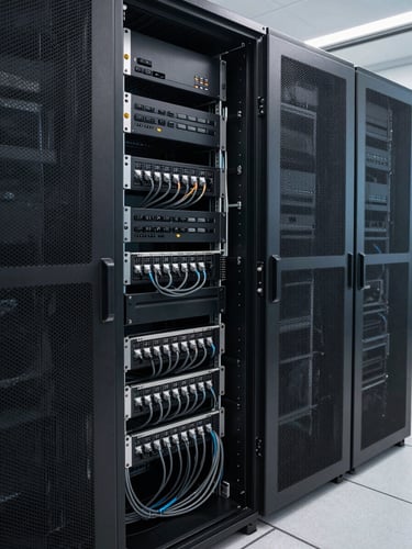 Documentary-style wide shot of a clean server rack with neatly organized black and gray cabling, cool realistic office lighting, no neon.