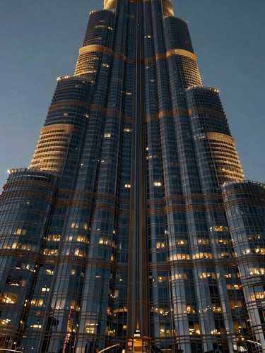 Moody close-up of a luxury skyscraper facade in Dubai at twilight, deep obsidian glass reflecting warm gold ambient lights, cinematic wide-angle