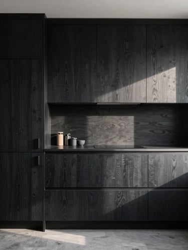 Straight-on architectural elevation of a custom black oak kitchen installation, soft directional morning light hitting the grain-matched cabinet faces, minimal styling, negative space.
