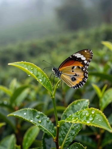 Close-up of vibrant green tea leaves with morning dew, a wild butterfly resting on a branch, soft natural forest background.
