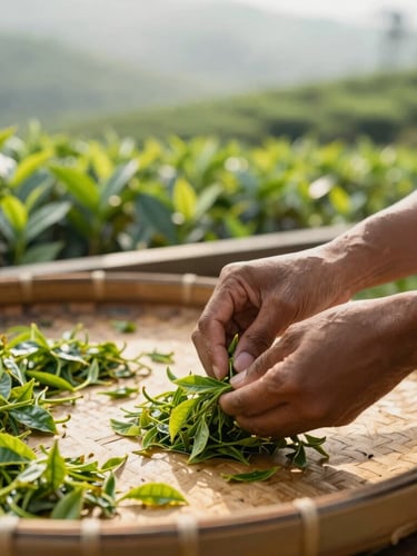 Close-up of hands carefully sorting fresh tea leaves in a traditional Colombo tea tasting and grading room, rich natural shadows, professional setup