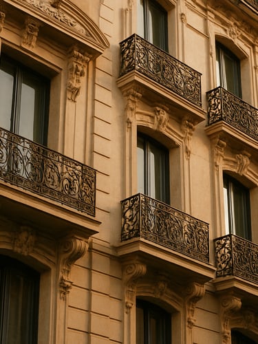 Elegant close-up of a classic Madrid building facade on Gran Vía, warm golden hour sunlight reflecting off stone balconies, architectural detail, 35mm lens