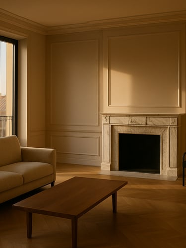 Sun-drenched interior of a luxury Madrid penthouse, herringbone oak floors, marble fireplace, soft golden-hour window light, minimalist styling
