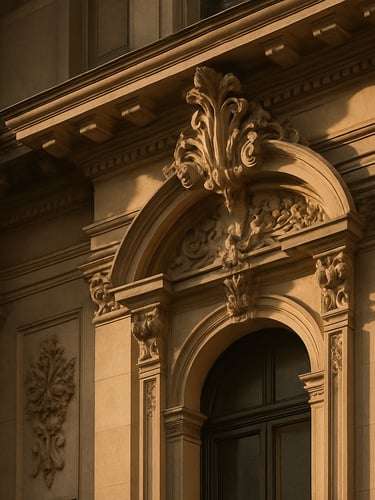 An elegant architectural detail of a Madrid historic building facade on Gran Vía, warm golden-hour sunlight casting soft shadows on ornate stone carvings, 35mm lens, minimalist composition.