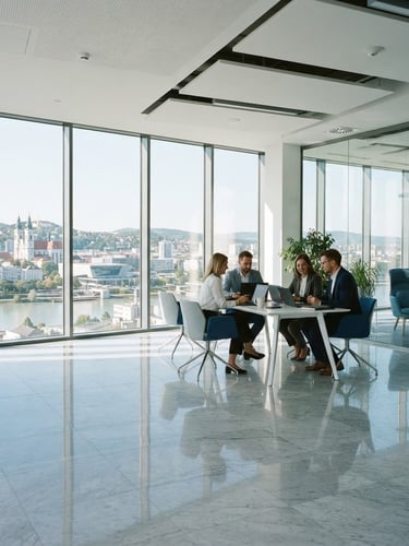 Bright sunlit modern office interior, large clean windows overlooking Linz, sharp reflections, pristine marble floor, natural daylight, 35mm photography