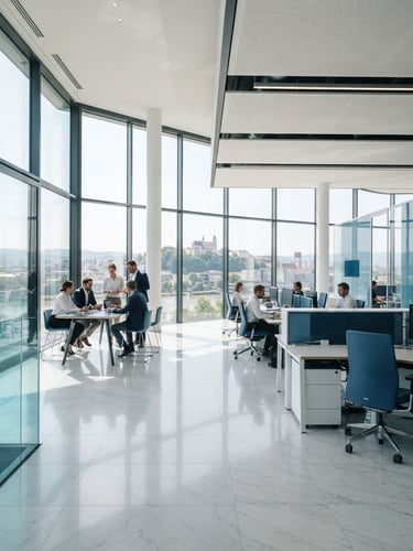 Bright sunlit modern office space in Linz with clean glass windows, soft daylight reflecting on pristine marble floors, high-end professional architectural photography, 35mm