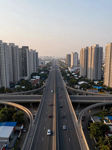 Wide-angle aerial drone shot of the multi-lane Dwarka Expressway at golden hour, symmetrical concrete flyovers, modern high-rise residential towers in the background, clean negative space.