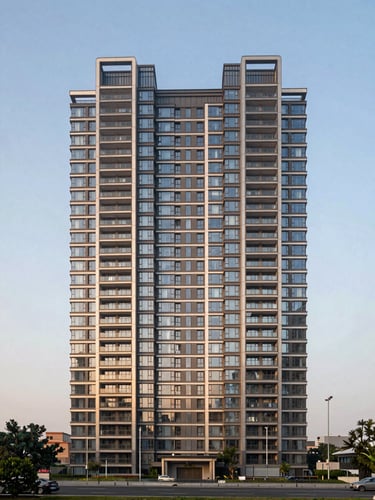 Wide-angle architectural perspective of a premium high-rise apartment building along Dwarka Expressway at golden hour, clean symmetrical composition, warm daylight reflecting off glass facades.