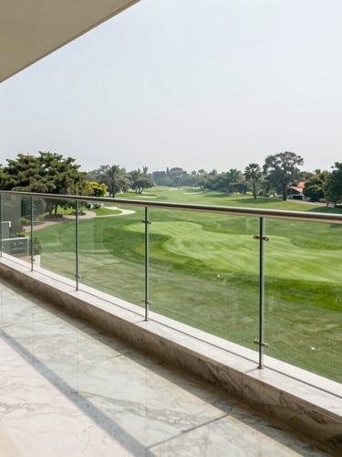 A close-up architectural perspective of a premium residential balcony with high-end marble flooring, modern glass railings, looking out over a lush green golf course in Dwarka Expressway under bright natural daylight.
