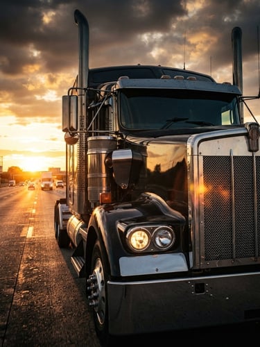 Low-angle heroic close-up of a clean semi-truck cab, dramatic golden hour sunlight reflecting off the chrome, high-contrast industrial tones, 35mm lens