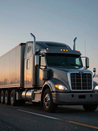 Low-angle cinematic shot of a powerful semi-truck in transit on an open North American highway during twilight, cool tones with bright orange sidelights