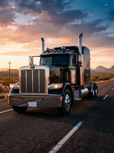 Low-angle heroic shot of a clean, powerful semi-truck cab on an open desert highway at golden hour, high-contrast industrial tones, 35mm lens