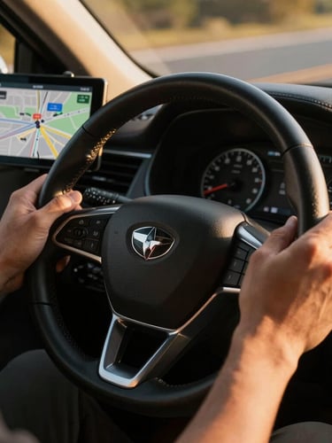 Close-up of a driver's hands on a steering wheel, a digital dispatch tablet mounted on the dashboard showing route maps and high revenue rates, warm cabin lighting