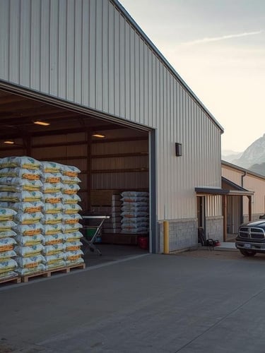 Livestock feed store, stacked bags