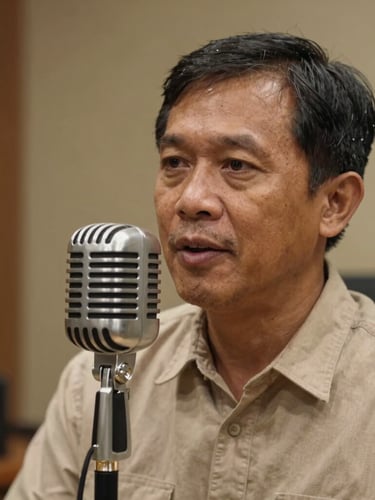Close-up of a traditional Javanese radio broadcaster speaking into a vintage microphone inside a warm studio, soft focus background.