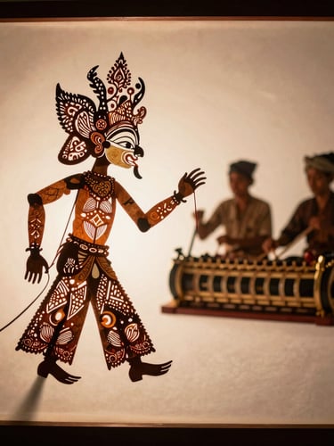 Intricate shadow puppet of Wayang Kulit behind a glowing white screen, warm orange light casting dramatic shadows, traditional gamelan players blurred in background