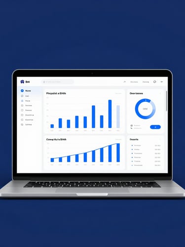 A clean minimalist laptop screen displaying a high-performance web dashboard with fast-loading charts, cool studio lighting, deep blue tones