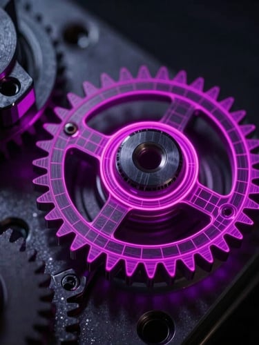 Macro shot of a high-end mechanical gear assembly, neon magenta laser wireframe overlay on the metallic surface, dark technical product photography, dramatic low-key lighting, 35mm