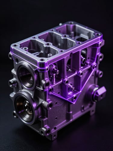 Macro shot of a high-end mechanical engine block, sharp metallic textures, neon purple laser wireframe overlay, dramatic low-key studio lighting, dark background, 35mm