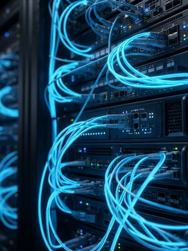 Macro view of a server rack with glowing blue network cables, dark mode 3d render, high contrast, screen-glow illumination.
