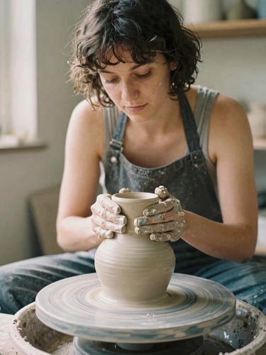 Intimate environmental portrait of a female ceramicist in her sunlit workshop, hands covered in clay shaping a vase, warm natural light, authentic 35mm film look.