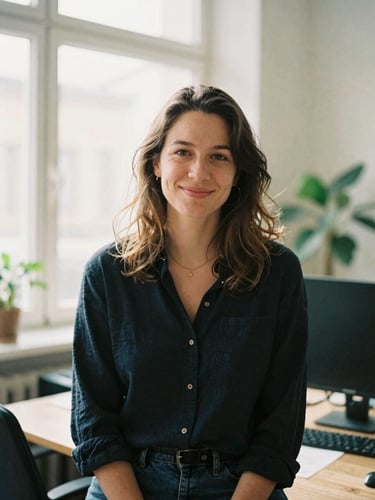 Intimate environmental portrait of a friendly financial coordinator in a warm, sunlit Berlin office, natural daylight, soft organic tones, 35mm film look