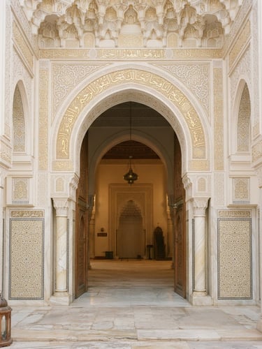 Bright Islamic architectural photography of a serene mosque archway, soft natural daylight, pale cream and gold tones, elegant calligraphy, 35mm