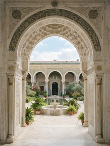 Bright Islamic architectural photography, soft natural daylight illuminating a marble archway looking into a serene courtyard, cream and gold tones, 35mm