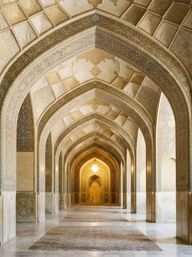 Bright Islamic architectural photography showing symmetrical arches, soft natural daylight, pale cream and gold tones, 35mm
