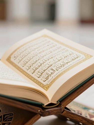 Close-up shot of an open Holy Quran with elegant gold-leaf borders on thick cream pages, resting on a carved wooden book stand, soft side-lighting, macro photography, shallow depth of field.
