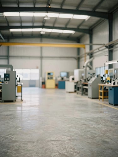 A close-up architectural shot of a modern manufacturing facility workshop in Australia, clean concrete floors, soft ambient light, focused industrial atmosphere.
