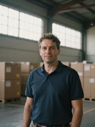 Environmental portrait of a logistics manager in a high-ceiling Melbourne warehouse, soft natural morning light filtering through high windows, medium format look.