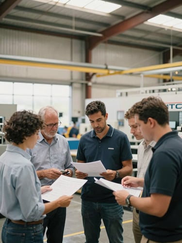 A diverse team of industrial engineers collaborating over plans in a brightly lit, modern manufacturing facility in Sydney, candid interaction.
