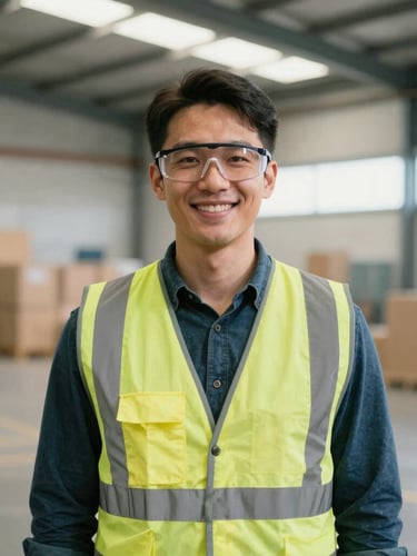 Medium environmental portrait of a professional recruiter wearing a high-visibility vest and safety glasses, standing in a modern Australian warehouse, smiling warmly, natural light
