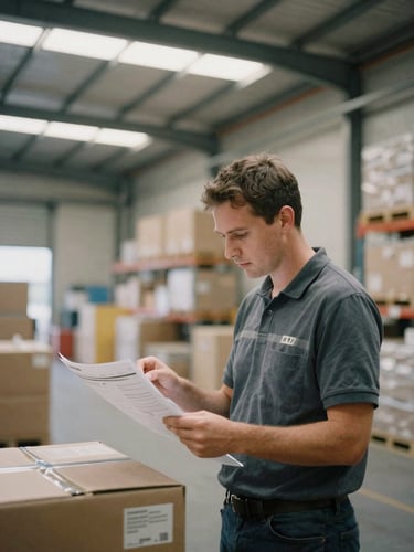 A candid medium shot of a warehouse manager reviewing logistics plans in a modern, sunlit Australian distribution hub, soft natural light, authentic industrial environment, 50mm film look.