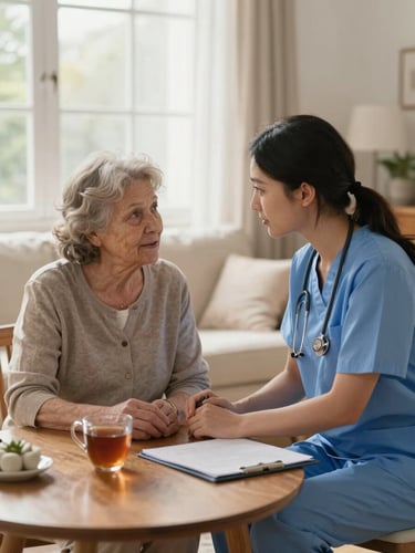 Close interior frame, soft morning window light flooding a home living room — a caregiver seated beside an elderly woman at a small table, leaning in with full attention as the senior speaks, warm eye contact between them, hands resting near a cup of tea, genuine unhurried presence, no clipboards or medical props, natural wood tones and cream furnishings in background