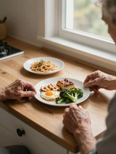 Tight frame from above a kitchen counter, soft daylight through a nearby window — a caregiver's hands and an elderly man's hands together arranging a simple meal on a plate, warm tones of food and wooden surfaces, relaxed unhurried atmosphere, no medical equipment visible, the home environment fully present