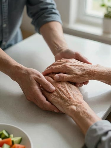 Close-up of a caregiver's hands gently steadying an elderly woman's hands over a kitchen counter during meal preparation, soft natural light from a nearby window, warm tones, the focus on the point of contact between the two pairs of hands, a small bowl of chopped vegetables visible at the edge of the frame