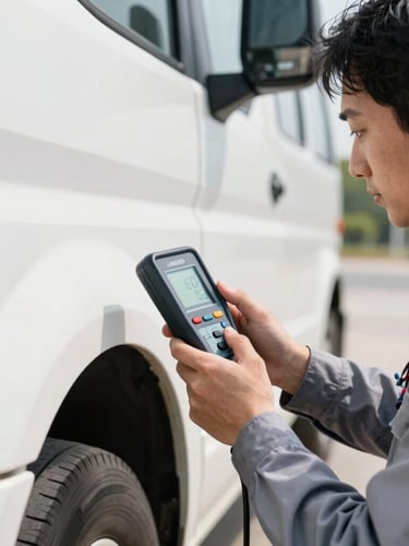 A certified inspector in a clean uniform holding a digital paint-depth gauge against a truck fender, bright daylight, 35mm lens.