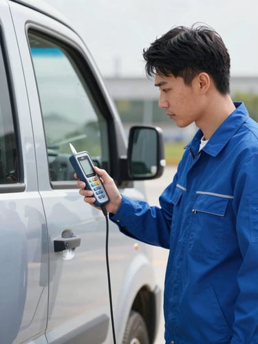 A certified automotive inspector in a clean blue uniform using a digital paint-depth gauge on a silver truck, bright natural daylight, sharp focus