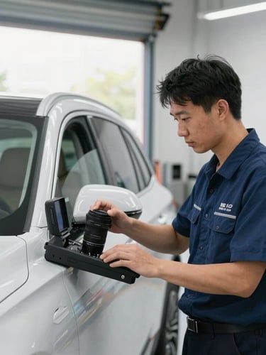 A certified technician running a diagnostic scan on a high-end SUV in a well-lit garage bay, 35mm lens