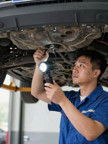 An automotive technician under a raised vehicle in a well-lit garage bay, examining the undercarriage with a professional inspection light, sharp focus.