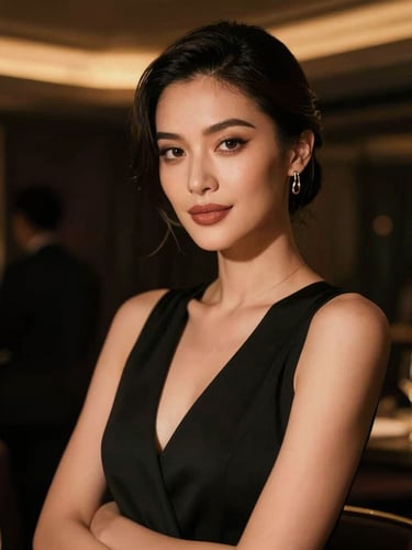 Cinematic portrait of a poised, elegant hostess in a low-light luxury Italian club, warm amber ambient glow, sophisticated and confident expression, high-contrast dark background