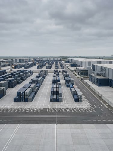 Wide panoramic view of a modern, clean logistics hub at dawn, structured cargo containers, neutral overcast daylight, desaturated navy and gray tones, sharp architectural focus, 35mm lens, no people.