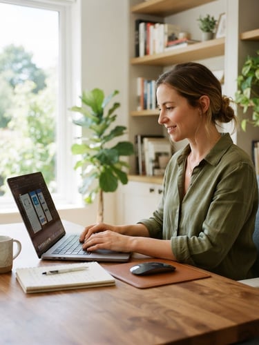 Bright modern home office with natural daylight, a professional working on a laptop, clean indoor environment, shallow depth of field, 35mm